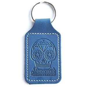 Leather Key Fob - Embossed Sugar Skull Blue Keyring - Immaculate reflection car care