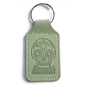 Leather Key Fob - Embossed Sugar Skull Green Keyring - Immaculate reflection car care