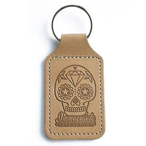 Leather Key Fob - Embossed Sugar Skull Tan Keyring - Immaculate reflection car care